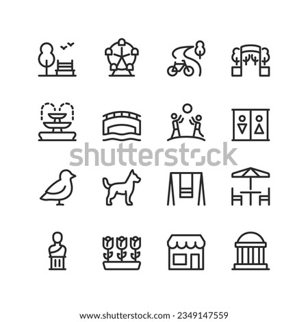 Park, linear icons set. City Park. Public space for recreation, entertainment, sport, culture, active leisure. Places to sit, cycle, eat, walk the dog, etc. Park facilities. Editable stroke width