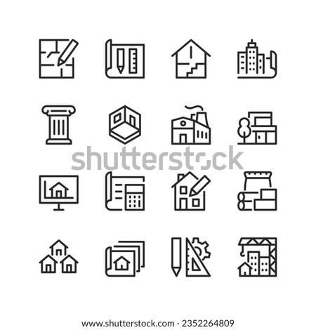 Architecture, linear style icons set. Architectural project, documentation. Drawing, plan. Project development of a house, a multi-storey building, an industrial building. Editable stroke width