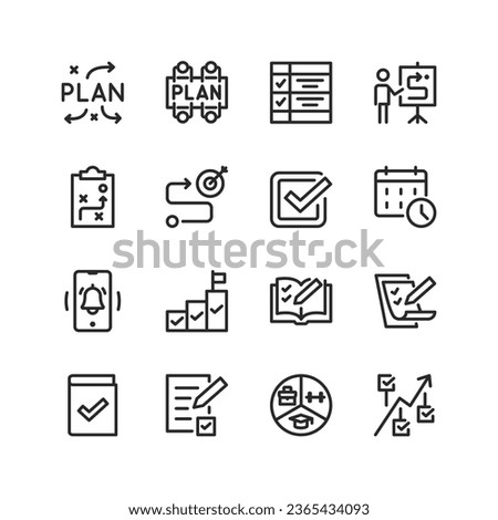 Successful planning, linear style icons set. Make a plan for important tasks. Achieve a goal with an organised plan and strategy. Planning day, allocate time to productivity. Editable stroke width