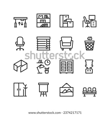 Office furniture, linear style icons set. Business office interior. Workspace. Table, chair, cabinet, blinds, lamp, filing cabinet, row of chairs, clock and more. Editable stroke width