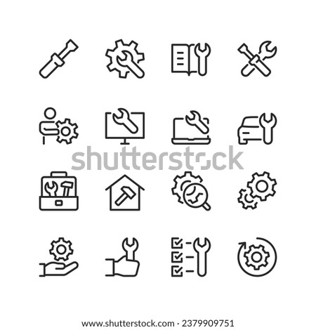 Repair, linear style icons set. Building, appliance and vehicle repair. Tools, wrench, screwdriver. Editable stroke width