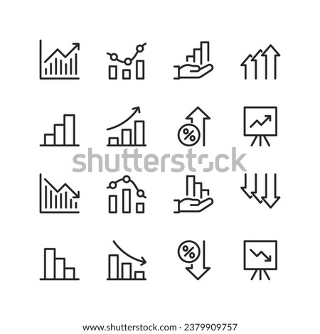 Increase and decrease, linear style icons set. Charts and figures with increases and decreases. Rising up and falling down. Growth, success and failure, negative outcome. Editable stroke width