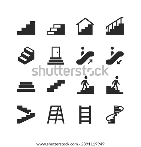 Steps icons set. Human climbing steps. Ladder. A structure consisting of several steps and a railing. Black and white style