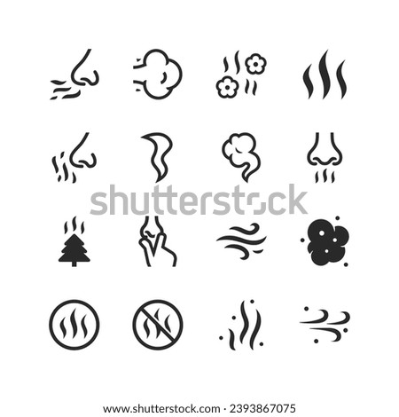 Smell icons set. Symbols of odor. Fragrance, odor and odorlessness. The sensation and perception of odors. Fragrance and unpleasant odor. Black and white style