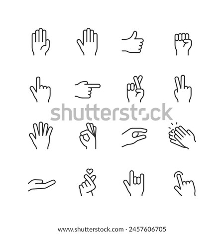 Hand Gestures linear style icon set. Non-verbal communication using hands and fingers. Diverse gestures conveying emotions, meanings and instructions. Editable stroke width.