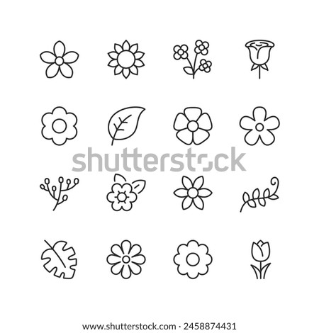 Floral, Flower, linear style icon set. , Botanical Decor. Decorative elements featuring flowers, plants, and foliage. Editable stroke width