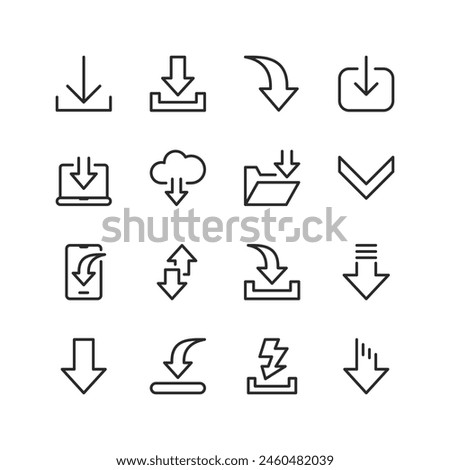 Download Arrows, File Transfers, linear style icon set. Indicating data transmission, information exchange. Internet downloading, cloud storage access. Editable stroke width