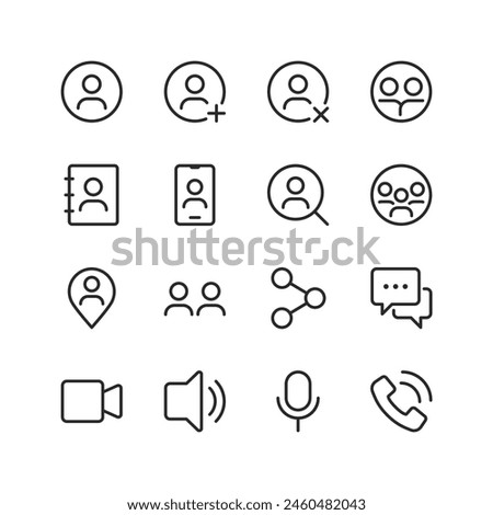 Communication and Interaction, linear style icon set. User interface visuals for connecting and engaging with others. Messaging, voice and video calls, contact management. Editable stroke width.