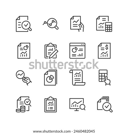 Auditing and Financial Analytics, linear style icon set. Reviewing account documents, taxation reports and analytical documentation. Examining economic data. Editable stroke width