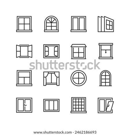 Window Frame, linear style icon set. Various shapes and styles of windows for residential and commercial buildings. Classic and modern glazed openings with functional elements. Editable stroke width