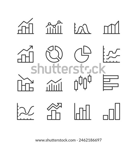 Charts and Data Visualization, linear style icon set. Information through graphs and diagrams. Bar charts, pie charts, line graphs for analytics and metrics. Editable stroke width.