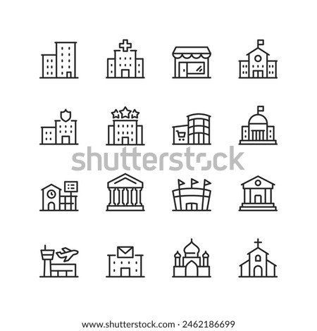 Public Buildings, linear style icon set. City infrastructure and community facilities. Residential, commercial, educational, institutional, and religious edifices. Editable stroke width.