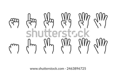 Finger Counting Gestures, linear style icon set. Hands showing numbers one through five. Hand signals for basic numerals. Editable stroke width.