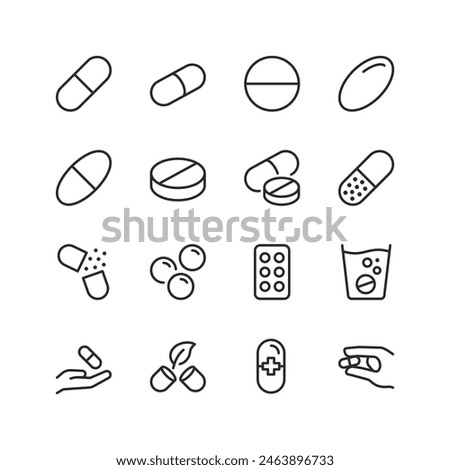 Pills and Tablets, linear style icon set. Various shapes and forms of medication capsules. Drug compounds and pharmaceutical products. Editable stroke width.