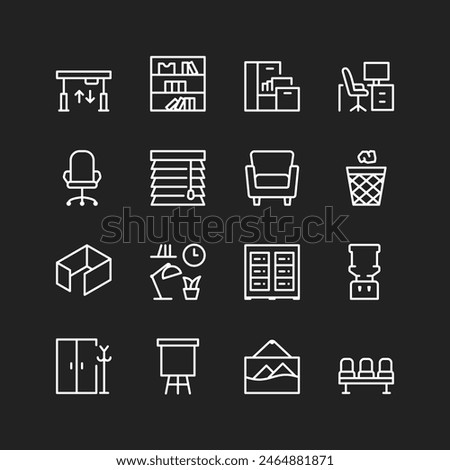 Office furniture icons, white lines on black background. Business interior, workspace - tables, chairs, cabinets, lamps, clocks, etc. Customizable line thickness