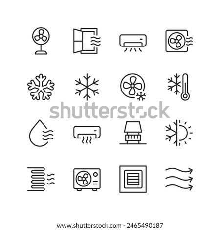Air Conditioning, linear style icon set. Heating, ventilation and cooling systems for indoor climate control. Fans, vents and temperature regulation equipment. Editable stroke width