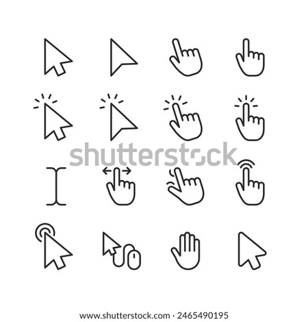 Mouse Cursors and Pointers, linear style icon set. On-screen navigation and user interactions. Cursor designs - arrows, hands. Clicking, selecting, dragging actions. Editable stroke width.