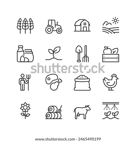 Agriculture and Farming, linear style icon set. Farm, crops, livestock, machinery and rural scenery. Planting to harvesting yields. Farmer, produce and the cultivation lifestyle. Editable stroke width