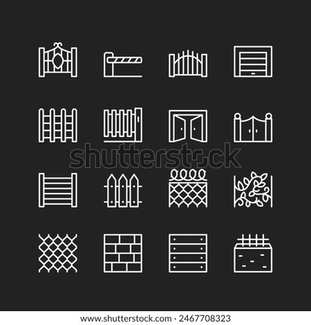 Fence and gate icons, white lines on black background. Home and cottage fencing of various materials and designs. Customizable line thickness