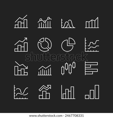 Charts and data viz icons, white lines on black background. Bar charts, pie charts, line graphs for analytics and metrics. Customizable line thickness