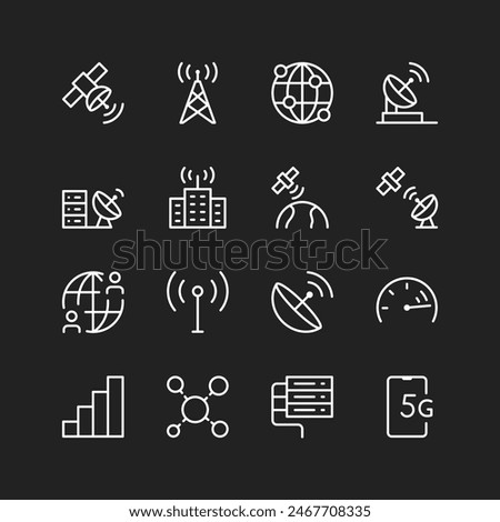 Telecommunications, network icons, white lines on black background. Information transmission, phones, satellites, antennas. Modern technologies. Customizable line thickness