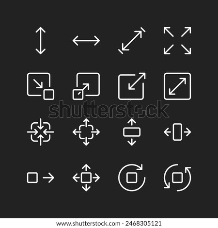 Size icon set, white lines on black background. Explore measurement and resizing, including height, width, and depth. Define and adjust the size with customizable line thickness