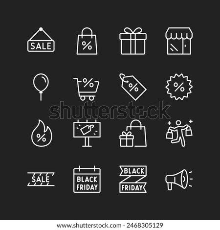 Black Friday icon set, white lines on black background. Sale day, big discounts, customer gifts. Shopping savings, marketing. Customizable line thickness