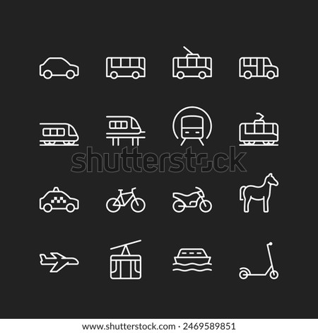 Urban transport icons, white lines on black background. Public transit - cars, buses, trains, subways, motorcycles, ships, bicycles, cable cars. Customizable line thickness