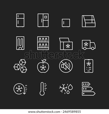 Refrigerator icons, white lines on black background. Food storage at low temps. Designs, energy efficiency, modes, functions, settings. Customizable line thickness