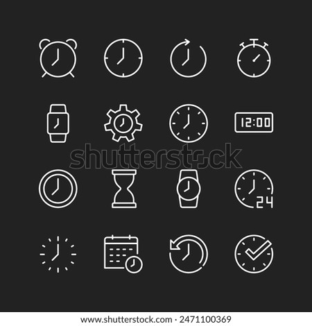 Time icon set, white lines on black background. Wall clocks, wristwatches, digital, analog timekeeping devices showing current time. Customizable line thickness.