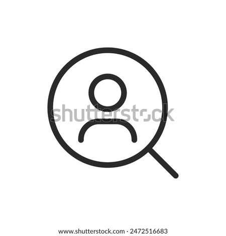 Search user, linear style icon. User profile icon with a magnifying glass, indicating search or find user. Editable stroke width.