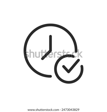 Clock with check mark, linear style icon. scheduled or completed time-based task. Editable stroke width.