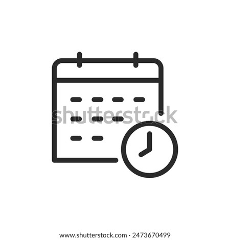 Calendar with clock, linear style icon. Calendar and a clock, indicating schedule or appointment. Editable stroke width.