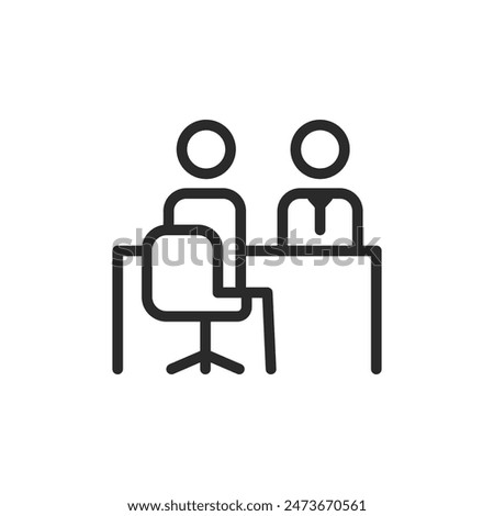 Interview or employee discussion, linear style icon. Two people sitting at table. Editable stroke width