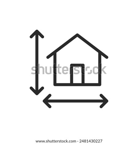 House dimensions, linear style icon. House with horizontal and vertical arrows, size dimensions. Editable stroke width.