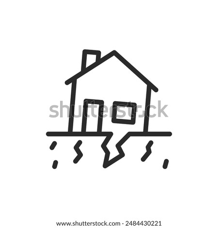 House damaged by earthquake, linear style icon. House with cracks and shifted foundation, earthquake damage. Editable stroke width.