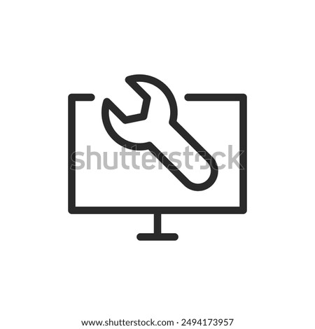 Computer repair, linear style icon. IT support and technical maintenance. Editable stroke width