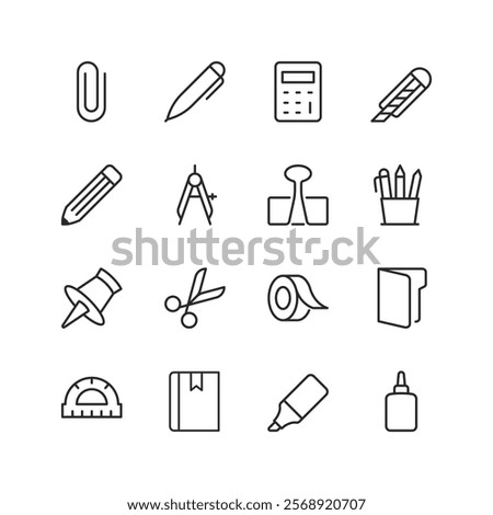 Stationery and Office Supplies, linear style icon set. Tools for work and study. Pen, pencils, scissor, tape, and other office items. Editable stroke width.