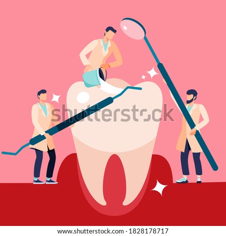Dental clinic flat cartoon illustration. Hygienist orthodontic banner. Stomatology, design. Teeth care and checkup. Foto d'archivio © 