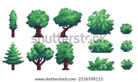 Trees and backyard bushes pixel art icon set. Forest elements logo collection. 8-bit sprite. Game development, mobile app. Isolated vector illustration.