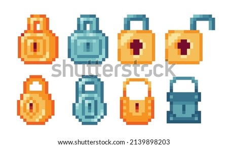 Door lock pixel art set. Secure lock made of gold and steel, locked and unlocked collection. 8-bit sprite. Game development, mobile app.  Isolated vector illustration.