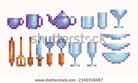 Tableware pixel art set. Dishes, utensils, and glassware collection. 8-bit sprite. Game development, mobile app.  Isolated vector illustration.