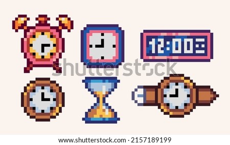 Various watches pixel art set. Electronic, hourglass, wristwatch collection. 8 bit sprite. Game development, mobile app.  Isolated vector illustration.