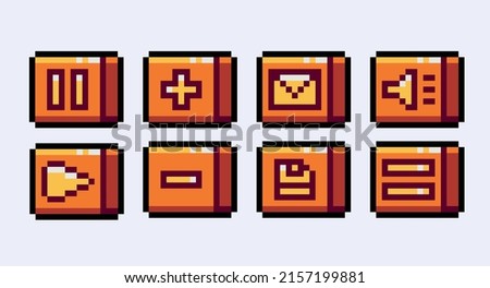 Interface buttons pixel art set. Menu panel collection. 8 bit sprite. Game development, mobile app.  Isolated vector illustration.