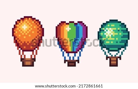 Hot air balloon pixel art set. Aerostat collection. 8 bit sprite. Game development, mobile app.  Isolated vector illustration.