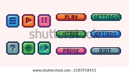 Interface menu buttons pixel art set. Menu panel collection. Play, pause, store, settings, options, quit. 8 bit sprite. Game development, mobile app. Isolated vector illustration.	
