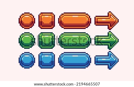 Buttons pixel art set. Square, circle, arrow push interface collection. 8 bit sprite. Game development, mobile app.  Isolated vector illustration.