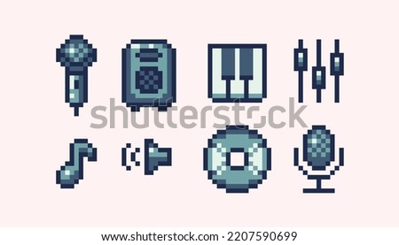 Music, audio pixel art set. Loudspeaker, microphone, cd and piano collection. Broadcast icons. 8 bit sprite. Game development, mobile app.  Isolated vector illustration.