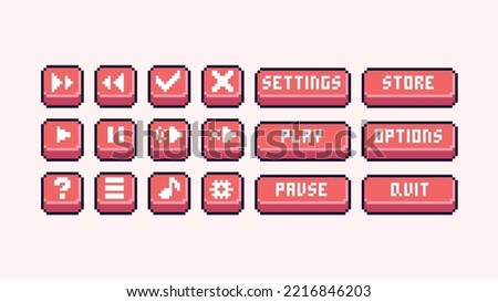 Interface menu buttons pixel art set. Menu panel collection. Play, pause, store, settings, options, quit. 8 bit sprite. Game development, mobile app. Isolated vector illustration.