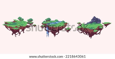 Floating island pixel art set. Surreal flying ground collection. 8 bit sprite. Game development, mobile app.  Isolated vector illustration.